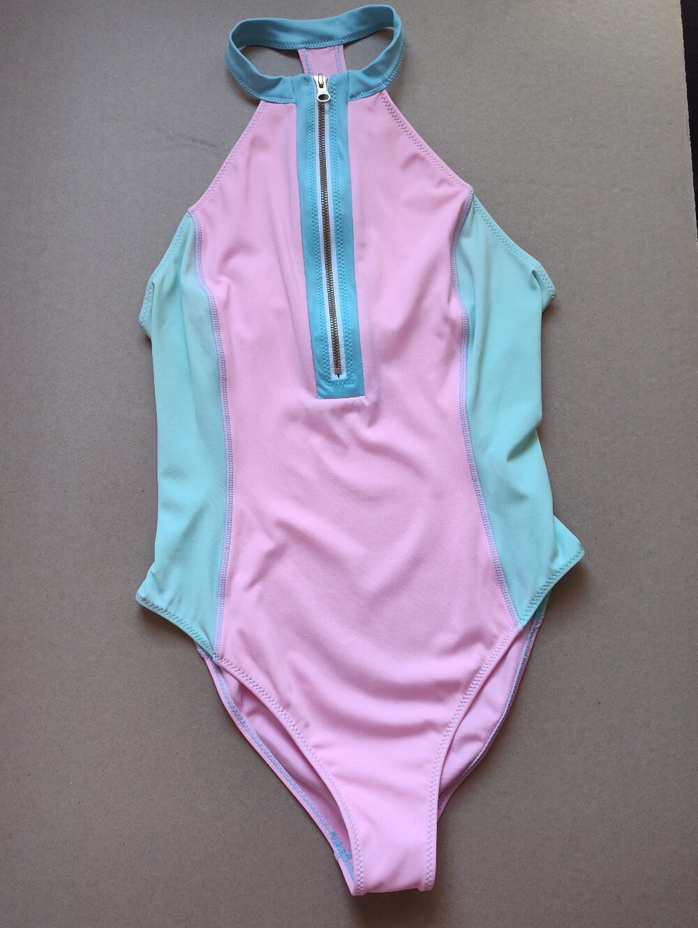 LoveShackFancy HURLEY Max One Piece Swimsuit Small Colorblock Zip Pink Halter